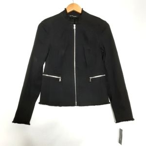 INC International Concepts black stretch moto jacket high neck women sz XS